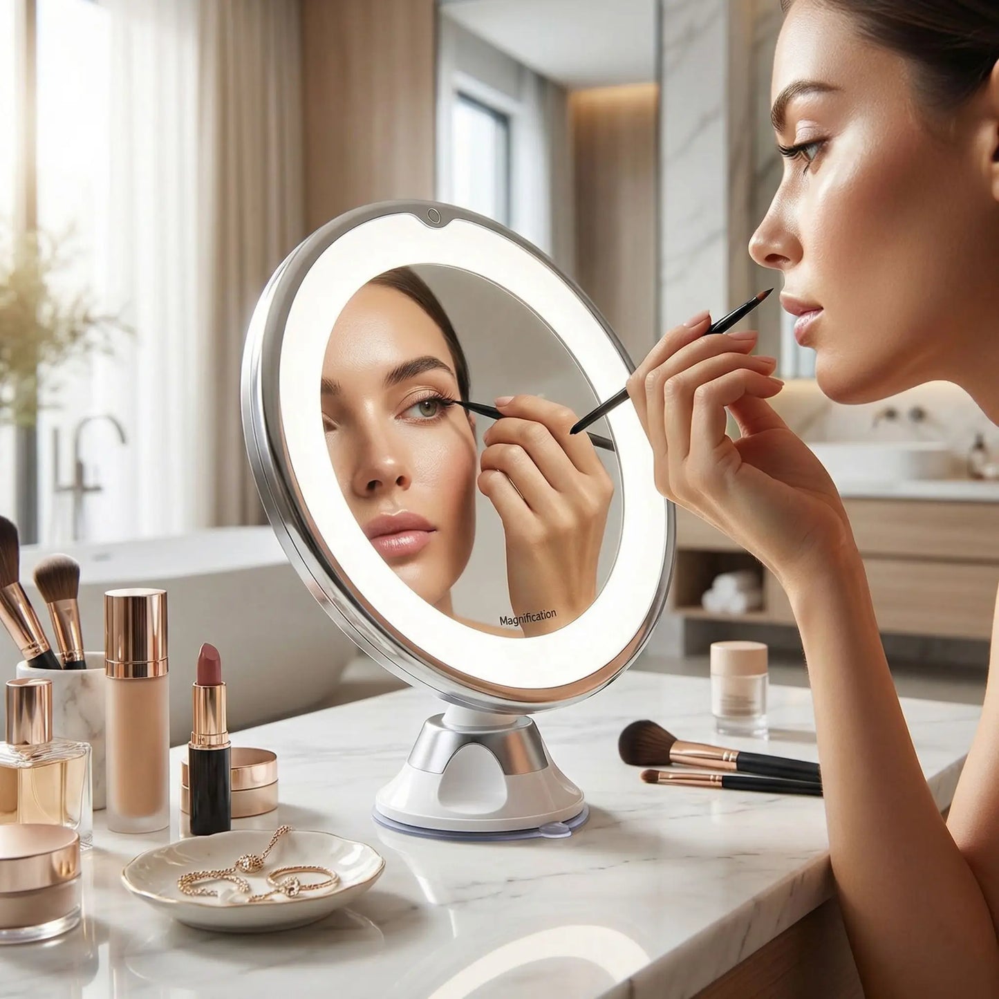 femme sublime applique son eyeliner devant son miroir grossissant X10