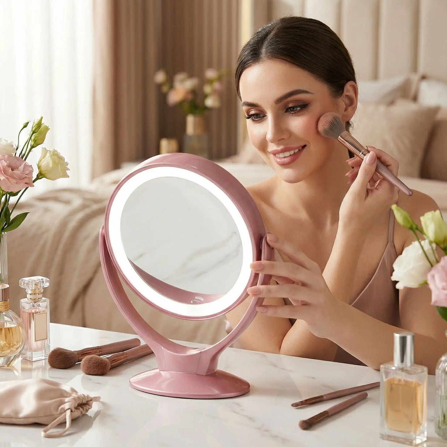 femme sublime applique son fard a joues devant miroirs grossissant lumineux