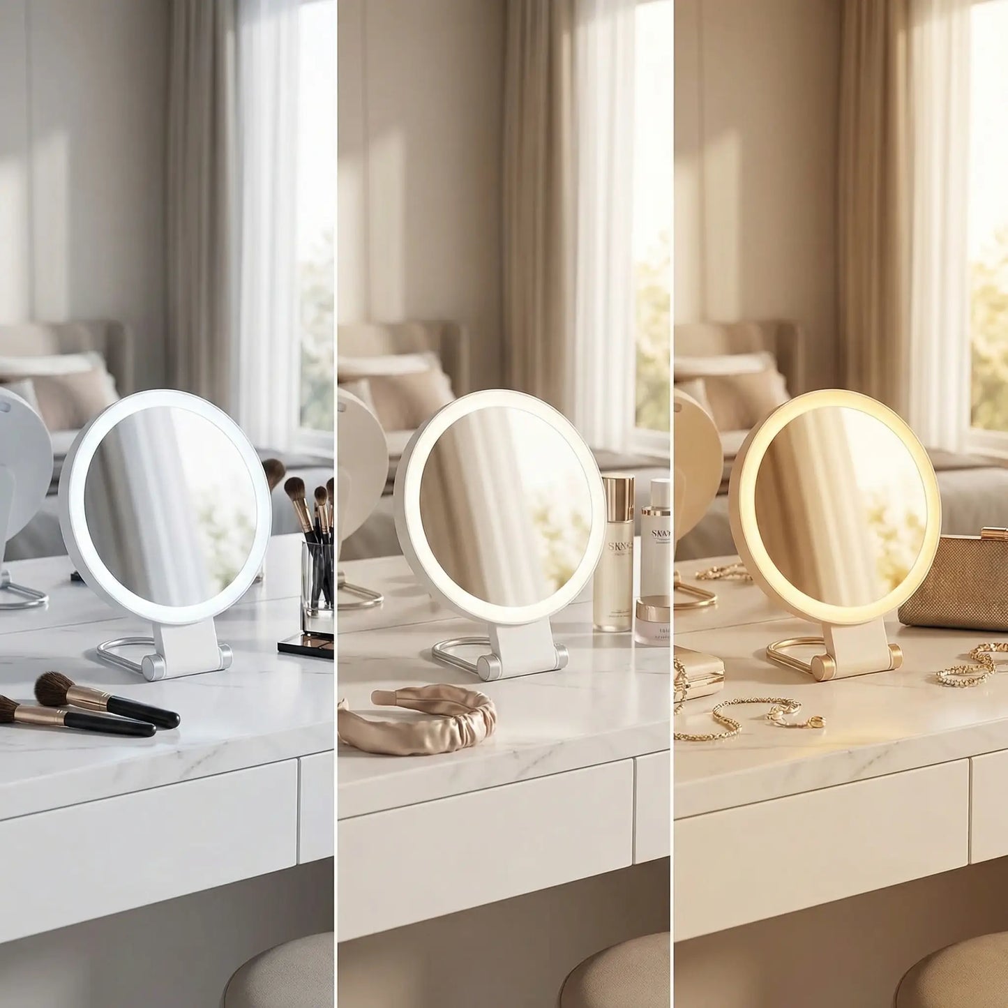 miroir grossissant et lumineux avec les trois couleurs froide naturelle chaude