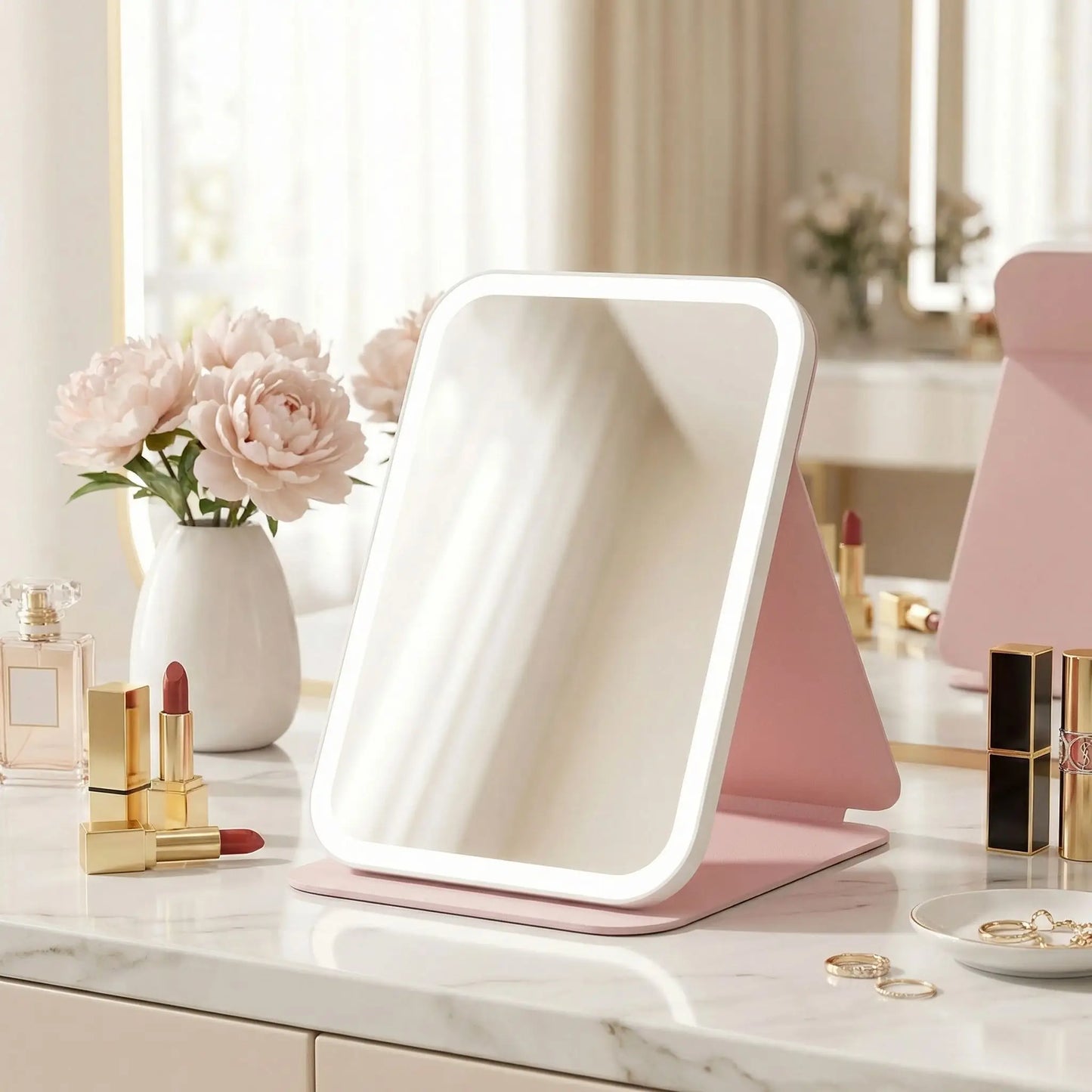 miroir maquillage lumineux rose pliable