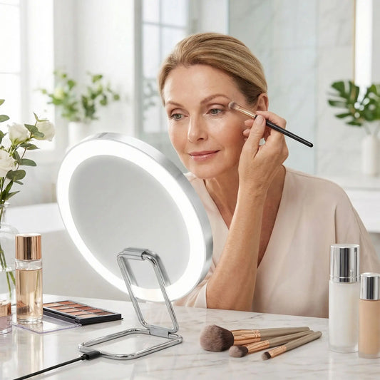 femme applique son fard a paupiere devant son miroir grossissant X30