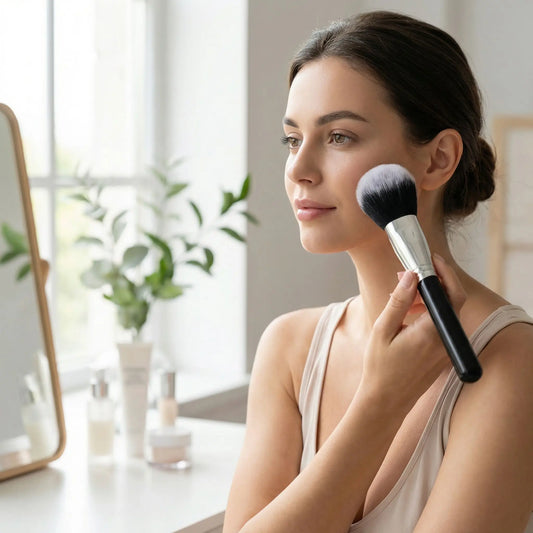 femme avec son pinceau pour bronzer en main