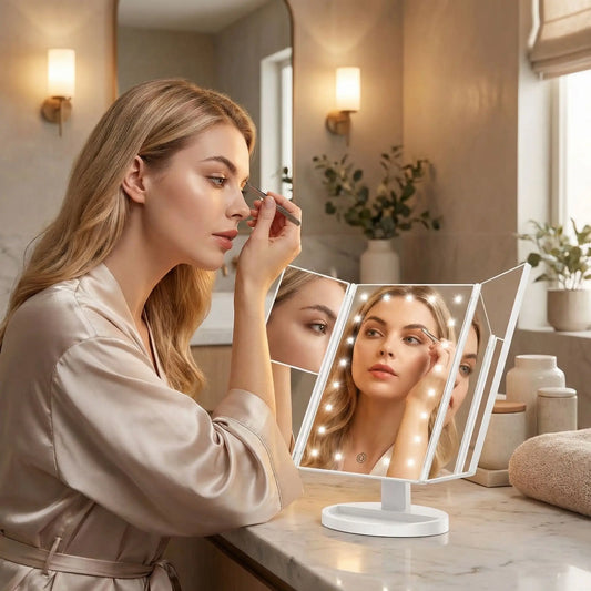 femme epile les sourcils devant son  miroir grossissant x10