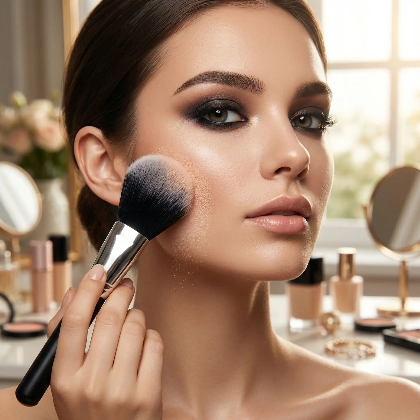 femme estompe son fard joue avec pinceau pour bronzer avec-delicatesse