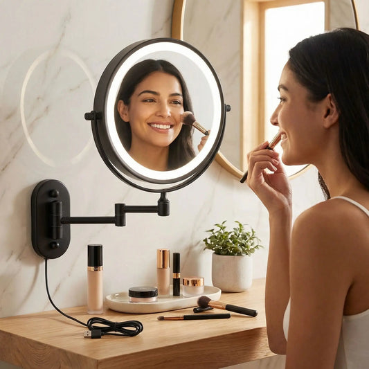 femme met son fond de teint devant son miroir grossissant