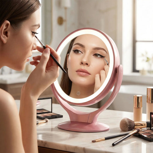 femme ravissante applique son eyeliner devant miroirs grossissant lumineux