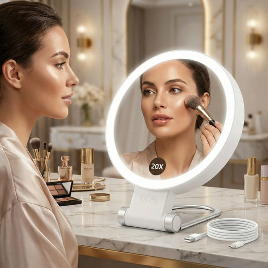 femme ravissante applique son maquillage devant son miroir grossissant et lumineux
