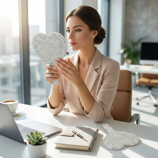 femme ravissante verifie maquillage avec miroir de poche au bureau