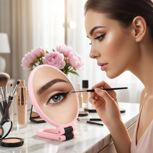 femme utilise son eyeliner devant miroir grossissant 50X