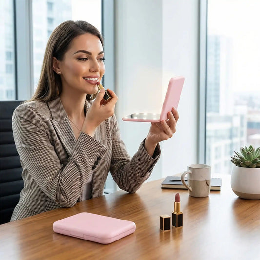 femme utilise son miroir grossissant de poche pour retoucher son maquillage