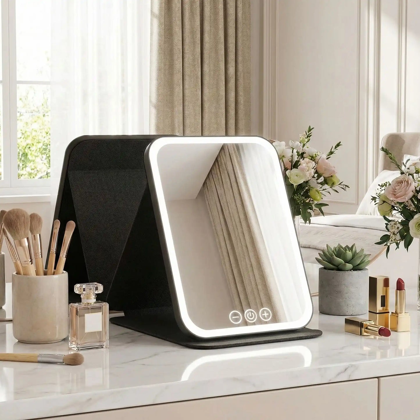 miroir maquillage lumineux noir pliable